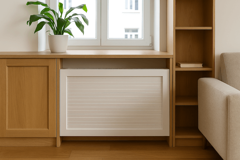 kaloryfer ukryty między meblami