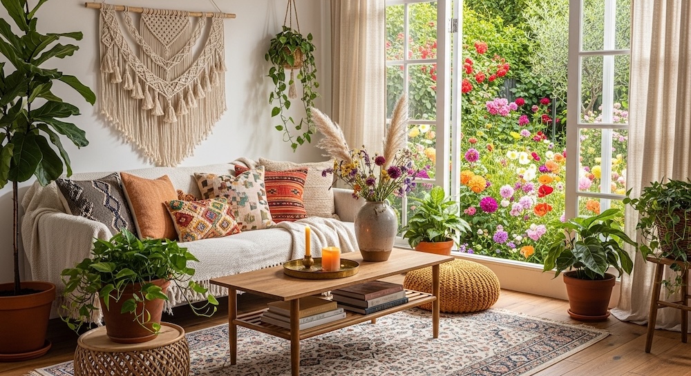 piękny salon boho z sofą i kolorowymi poduszkami pod ścianą z makramą 